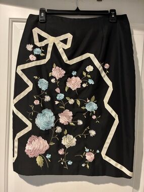 Black Embroidered Floral Pencil Skirt with Cream Trim